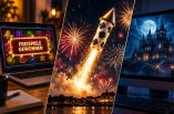 Ein Laptop, auf dem jemand Freispiele gewonnen hat. Eine Silvesterrakete steigt in den Himmel. Ein Geisterschloss auf einem Computer.