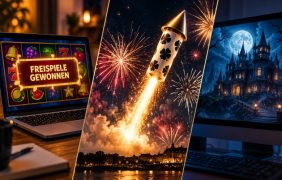 Ein Laptop, auf dem jemand Freispiele gewonnen hat. Eine Silvesterrakete steigt in den Himmel. Ein Geisterschloss auf einem Computer.
