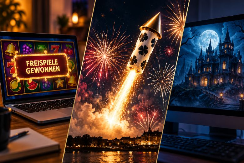Ein Laptop, auf dem jemand Freispiele gewonnen hat. Eine Silvesterrakete steigt in den Himmel. Ein Geisterschloss auf einem Computer.
