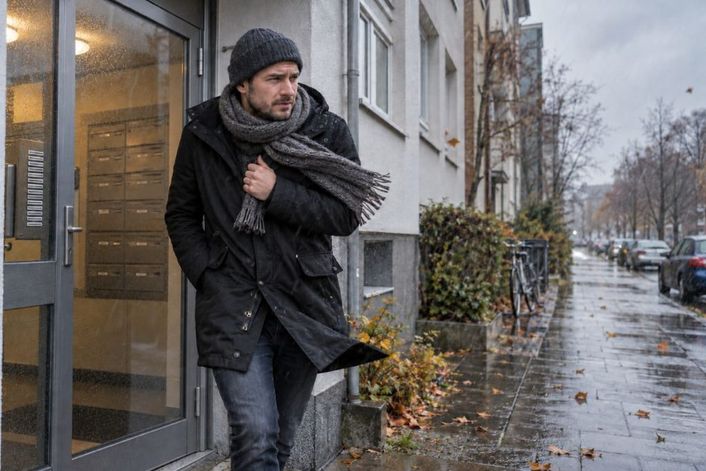 Ein Mann verlässt bei schlechtem Wetter sein Haus, um Lose zu kaufen.