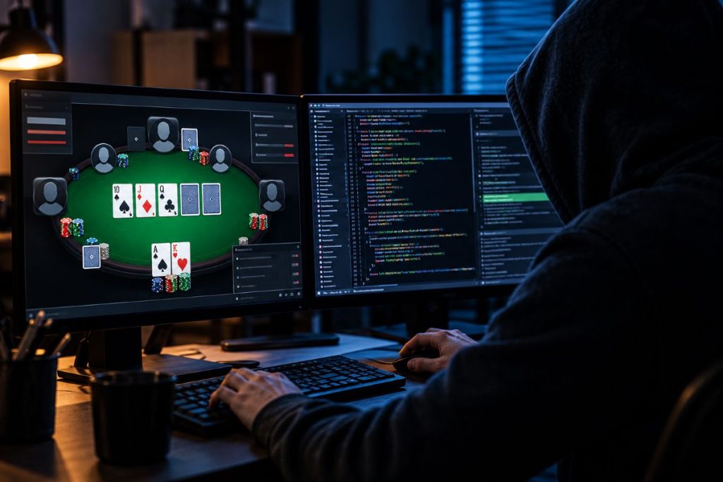 Ein Mann spielt Online-Poker und manipuliert dabei einen Quellcode.