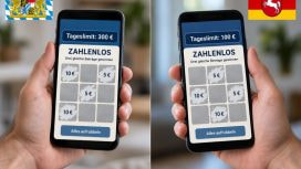 Ein Smartphone in Bayern mit Rubbellosen und einem Tageslimit von 300 €. Daneben ein Smartphone in Niedersachsen mit denselben Losen und einem Tageslimit von 100 €.