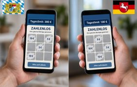 Ein Smartphone in Bayern mit Rubbellosen und einem Tageslimit von 300 €. Daneben ein Smartphone in Niedersachsen mit denselben Losen und einem Tageslimit von 100 €.