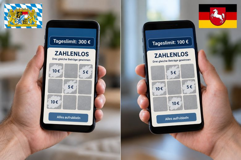 Ein Smartphone in Bayern mit Rubbellosen und einem Tageslimit von 300 €. Daneben ein Smartphone in Niedersachsen mit denselben Losen und einem Tageslimit von 100 €.