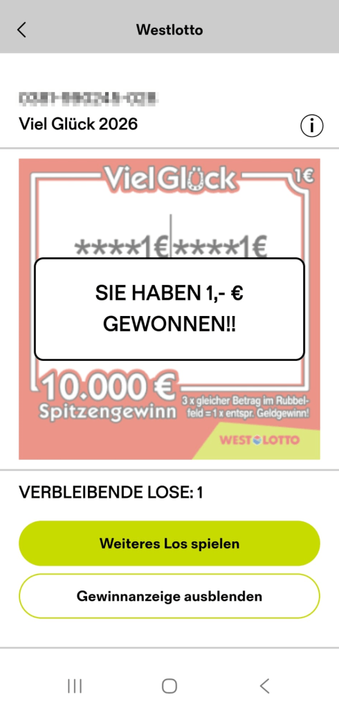 Gewinnanzeige in der App von WestLotto.