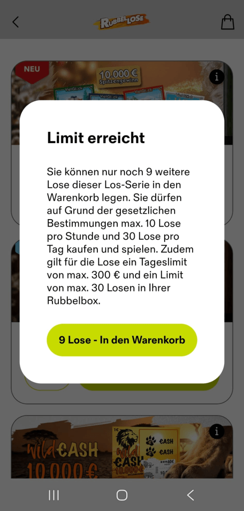 Limit-Anzeige in der App von WestLotto.