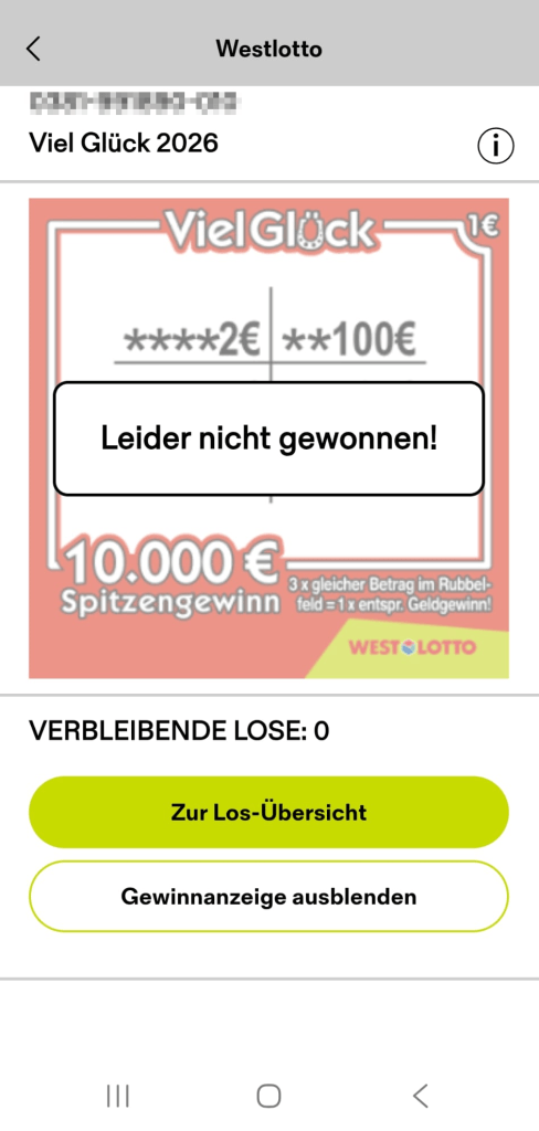 Verlustanzeige in der App von WestLotto.