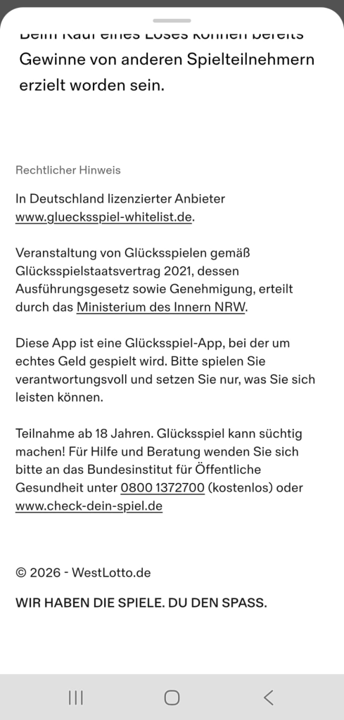 Spielerschutzinformationen in der App von WestLotto.