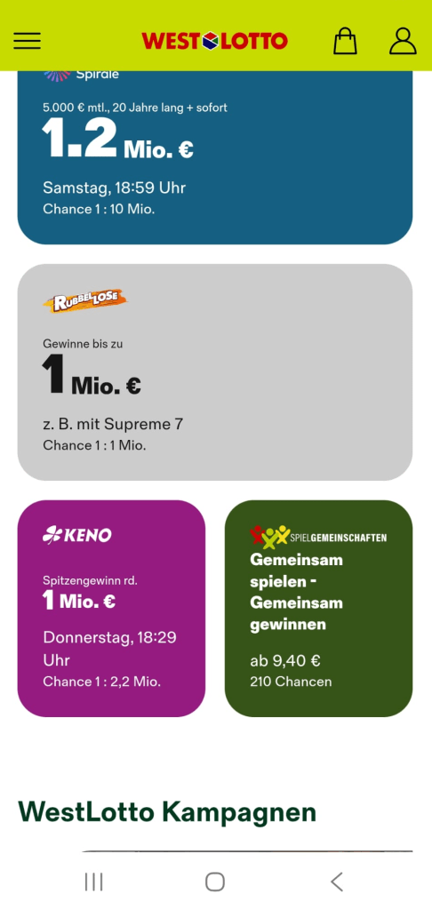 Startseite der WestLotto App mit einem Feld für Rubbellose.