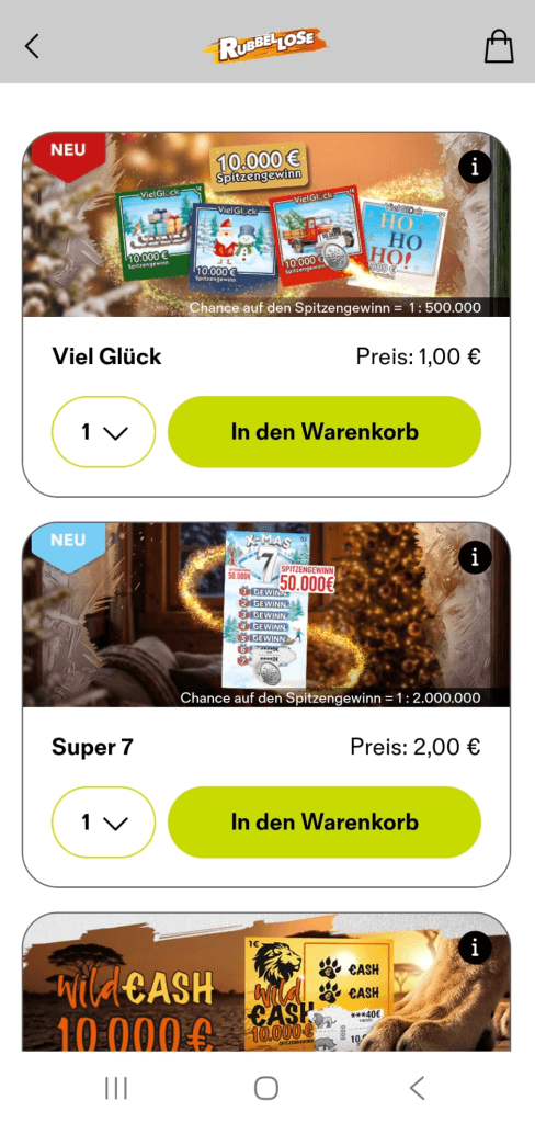 Übersicht der verfügbaren Lose in der App von WestLotto.
