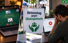Ein virtuelles Blackjack-Spiel, ein Schild zum Aktionstag gegen Glücksspielsucht und ein Mann aus Brasilien, der eine Website nicht öffnen kann.