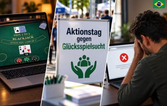 Ein virtuelles Blackjack-Spiel, ein Schild zum Aktionstag gegen Glücksspielsucht und ein Mann aus Brasilien, der eine Website nicht öffnen kann.