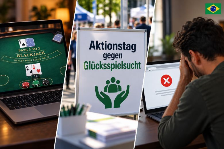 Ein virtuelles Blackjack-Spiel, ein Schild zum Aktionstag gegen Glücksspielsucht und ein Mann aus Brasilien, der eine Website nicht öffnen kann.